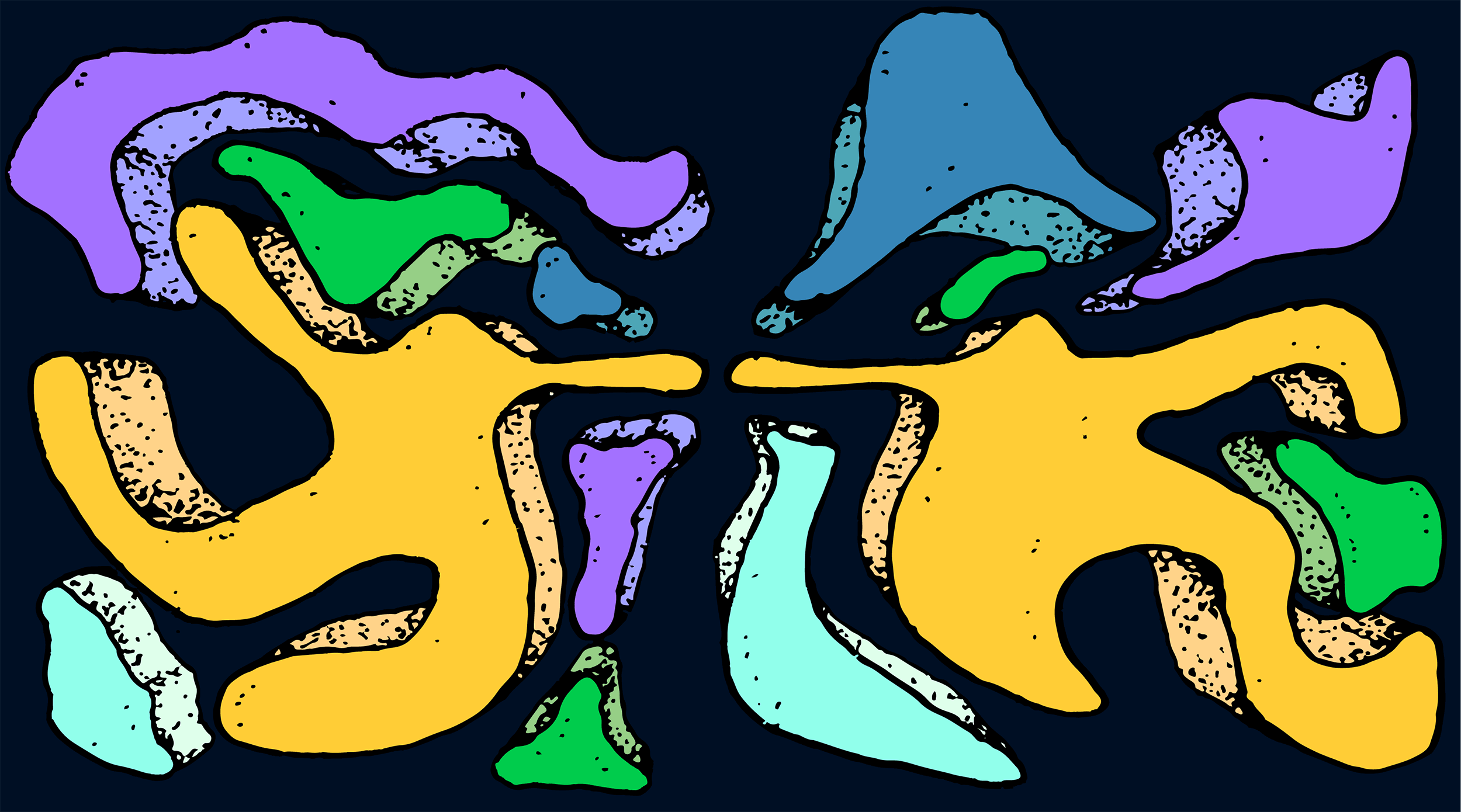 An abstract composition featuring various green, yellow, blue, and purple shapes, with two sets of shapes resembling human forms merging together in the center of the composition.